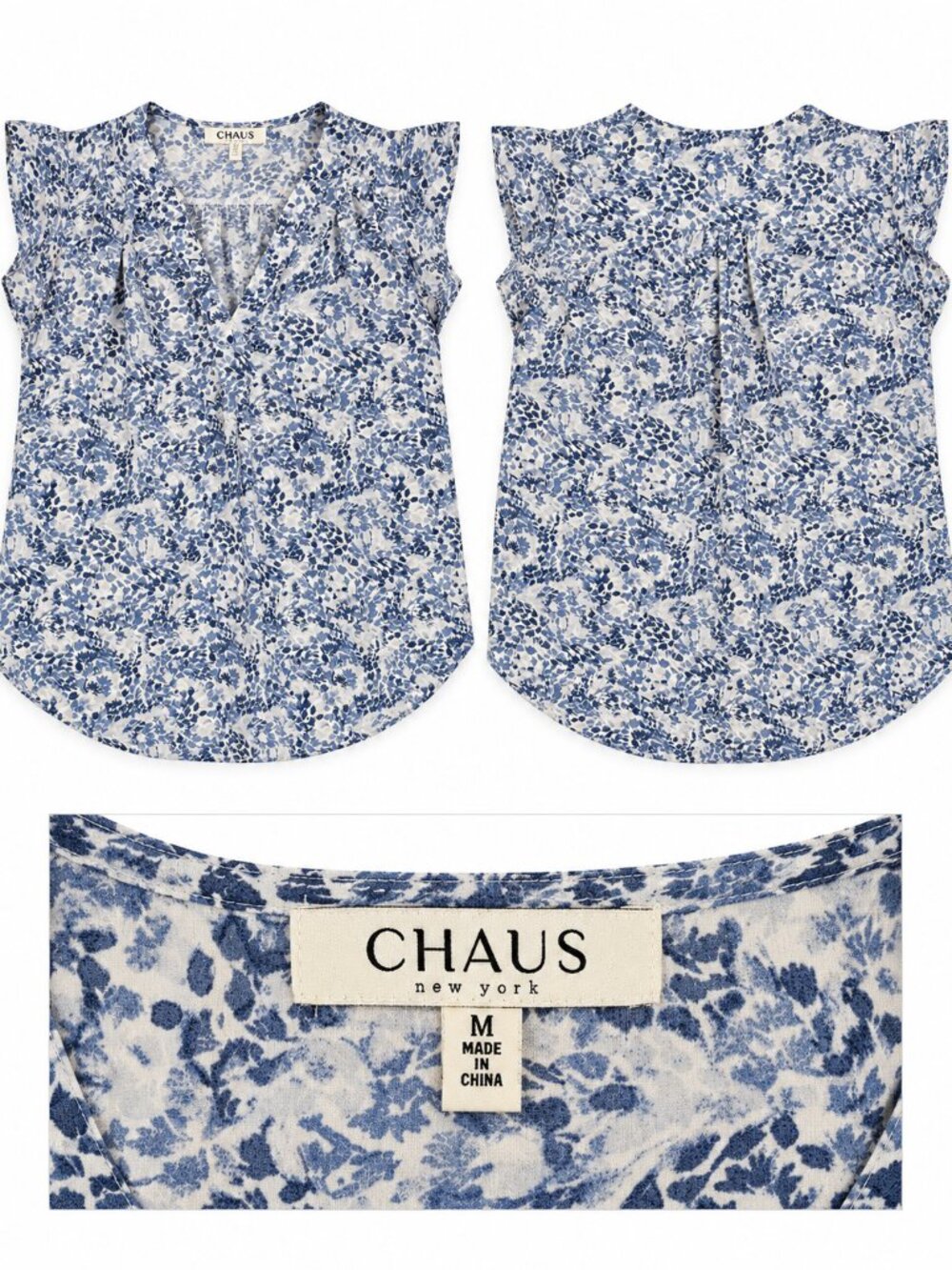 Chaus New York Blue White Floral Cap Sleeve Blouse Size M